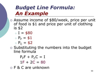 Budget Line Formula:
    An Example
   Assume income of $80/week, price per unit
    of food is $1 and price per unit of clothing
    is $2
     o I = $80
     o PF = $1
     o PC = $2
   Substituting the numbers into the budget
    line formula
        PFF + PCC = I
        1F + 2C = 80
   F & C are unknown
                                             59
 