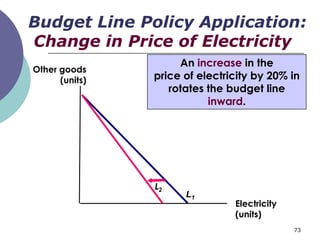 Budget Line Policy Application:
Change in Price of Electricity
                     An increase in the
Other goods
      (units)   price of electricity by 20% in
                   rotates the budget line
                           inward.




                L2
                      L1
                                Electricity
                                (units)
                                              73
 