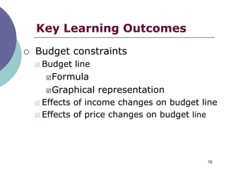 Key Learning Outcomes
   Budget constraints
       Budget line
         Formula

         Graphical   representation
     Effects of income changes on budget line
     Effects of price changes on budget line




                                           76
 