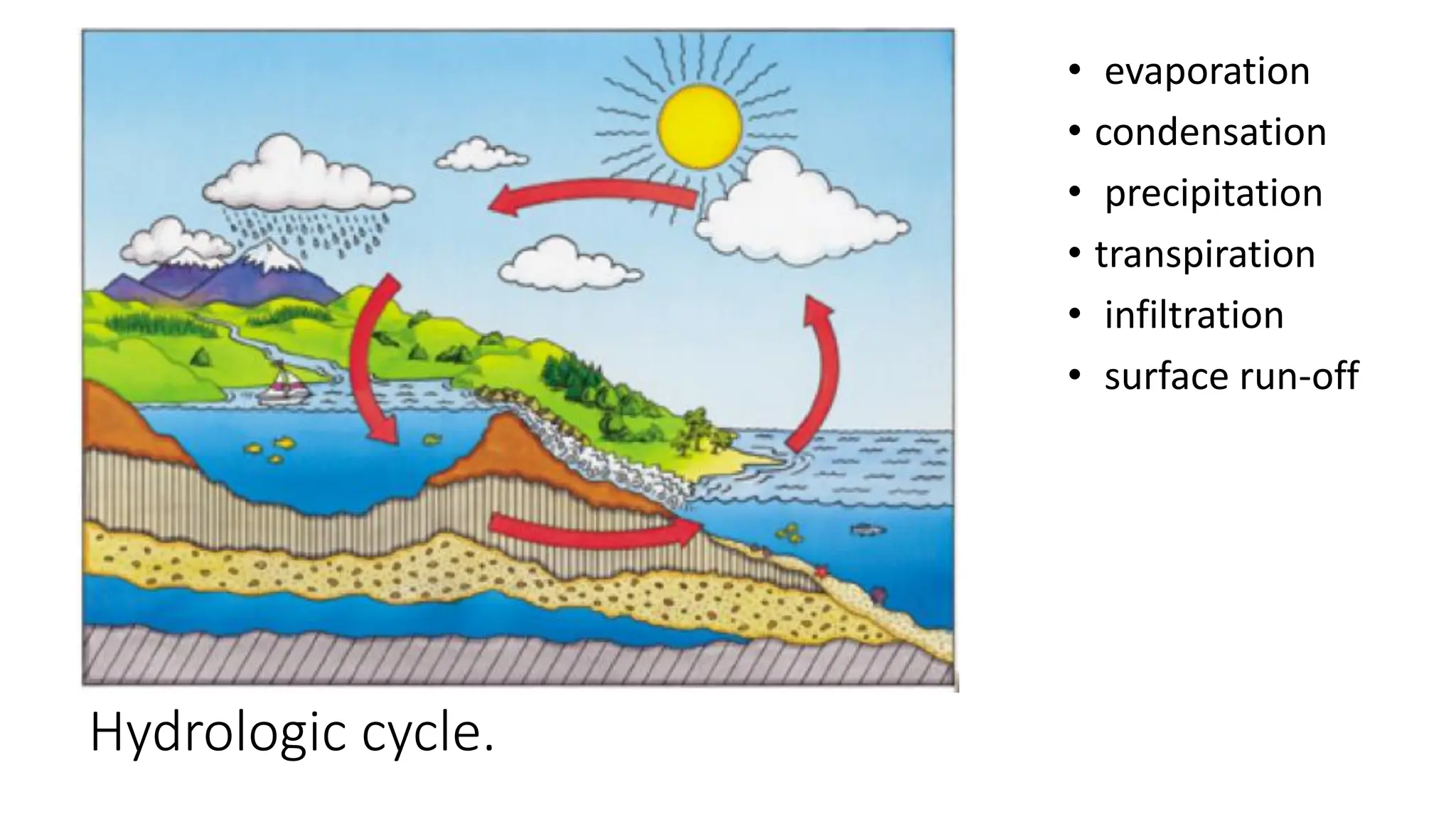 Hydrologic cycle.
• evaporation
• condensation
• precipitation
• transpiration
• infiltration
• surface run-off
 