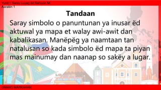 Yunit I: Saray Luyag ëd Rehiyon Mi
Aaralën 1
UNANG MARKAHAN
Saray simbolo o panuntunan ya inusar ëd
aktuwal ya mapa et walay awi-awit dan
kabalikasan. Manëpëg ya naamtaan tan
natalusan so kada simbolo ëd mapa ta piyan
mas mainumay dan naanap so sakëy a lugar.
Tandaan
 