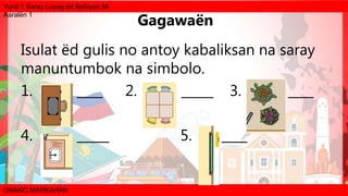 Yunit I: Saray Luyag ëd Rehiyon Mi
Aaralën 1
UNANG MARKAHAN
Isulat ëd gulis no antoy kabaliksan na saray
manuntumbok na simbolo.
1. ____ 2. _____ 3. ____
4. _____ 5. ____
Gagawaën
 