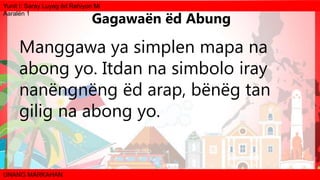 Yunit I: Saray Luyag ëd Rehiyon Mi
Aaralën 1
UNANG MARKAHAN
Manggawa ya simplen mapa na
abong yo. Itdan na simbolo iray
nanëngnëng ëd arap, bënëg tan
gilig na abong yo.
Gagawaën ëd Abung
 