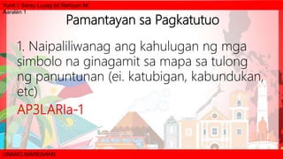 Yunit I: Saray Luyag ëd Rehiyon Mi
Aaralën 1
UNANG MARKAHAN
Pamantayan sa Pagkatutuo
1. Naipaliliwanag ang kahulugan ng mga
simbolo na ginagamit sa mapa sa tulong
ng panuntunan (ei. katubigan, kabundukan,
etc)
AP3LARIa-1
 