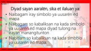 Yunit I: Saray Luyag ëd Rehiyon Mi
Aaralën 1
UNANG MARKAHAN
Diyad sayan aaralën, sika et ilaluan ya:
• Naibagam iray simbolo ya uusarën ëd
mapa
• Naibagam so kabaliksan na kada simbolo
ya uusarën ëd mapa diyad tulong na
irayan manangitunton
• Nabitlam so kabaliksan na kada simbolo
ya uusarën ëd mapa.
 