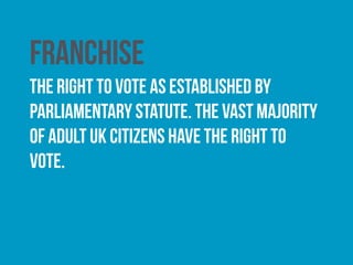 Electoral participation
Those who are eligible and registered to vote in a given
election are referred to collectively as the electorate.
 