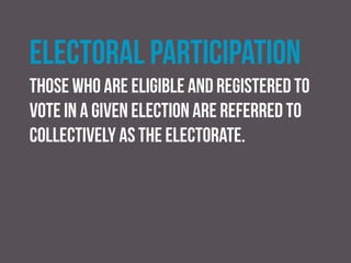 differential turnout
Where the national turnout figure recorded at a given
election masks differences in turnout by constituency or
region.
 