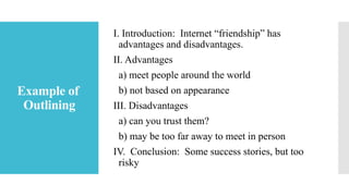 Example of
Outlining
I. Introduction: Internet “friendship” has
advantages and disadvantages.
II. Advantages
a) meet people around the world
b) not based on appearance
III. Disadvantages
a) can you trust them?
b) may be too far away to meet in person
IV. Conclusion: Some success stories, but too
risky
 