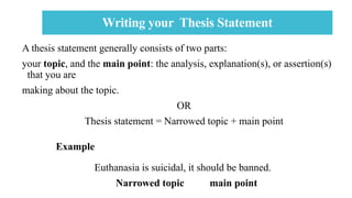 Writing your Thesis Statement
A thesis statement generally consists of two parts:
your topic, and the main point: the analysis, explanation(s), or assertion(s)
that you are
making about the topic.
OR
Thesis statement = Narrowed topic + main point
Euthanasia is suicidal, it should be banned.
Narrowed topic main point
Example
 