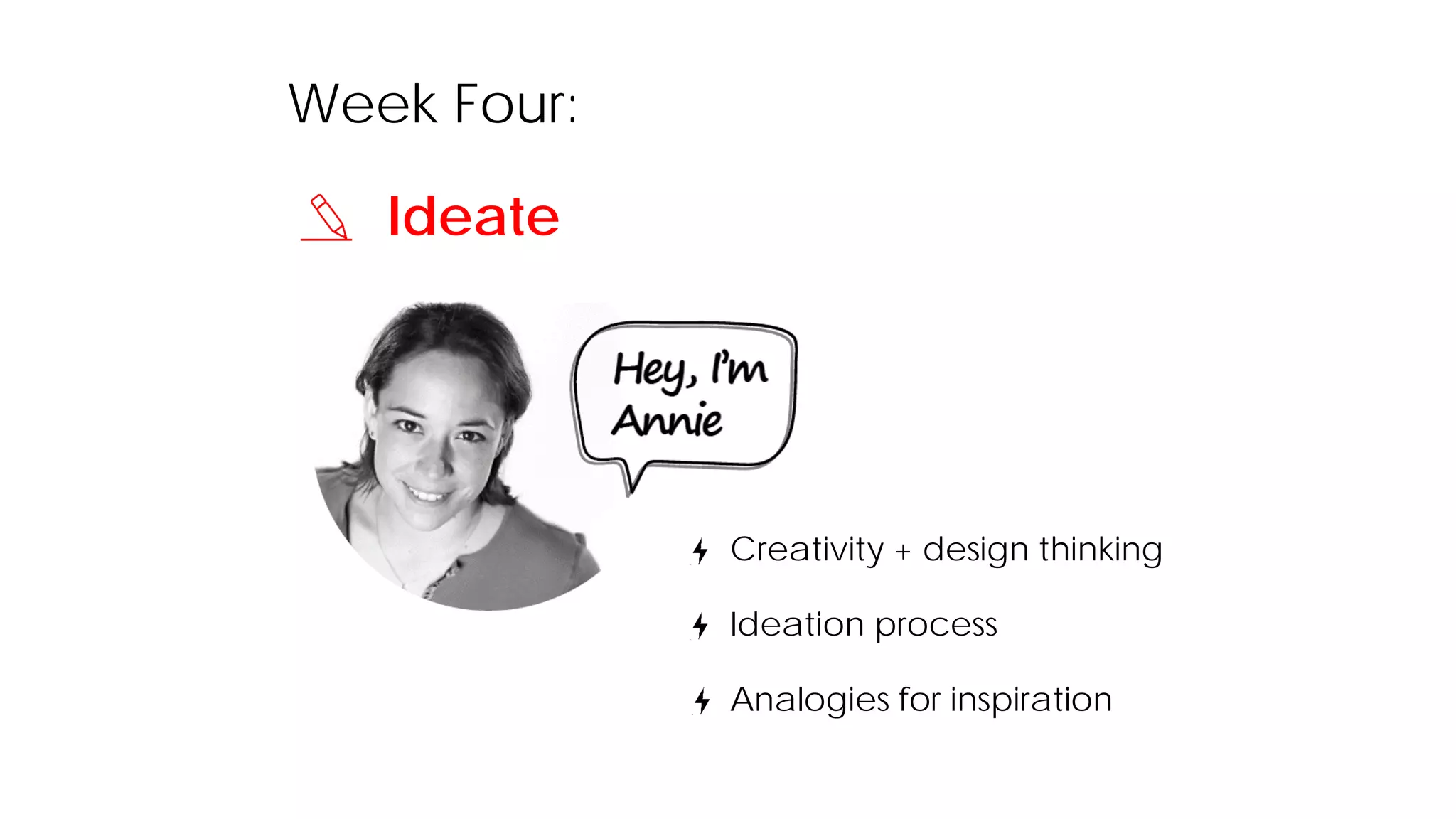 Week Four:
Ideate
Creativity + design thinking
Ideation process
Analogies for inspiration
 