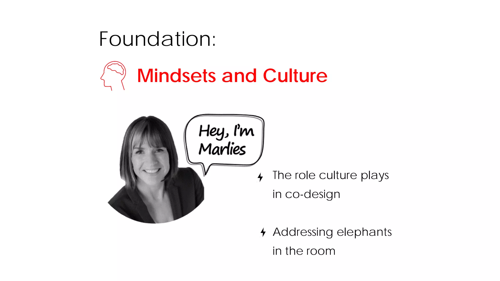 Foundation:
Mindsets and Culture
The role culture plays
in co-design
Addressing elephants
in the room
 