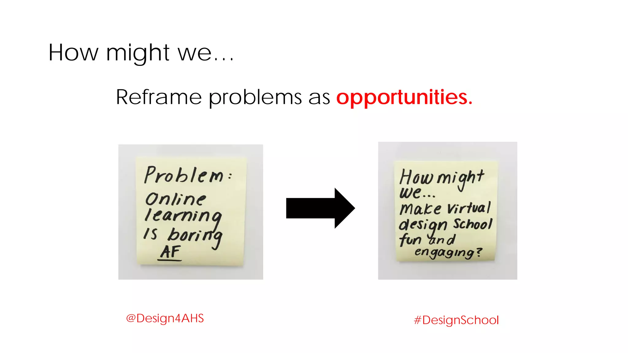 How might we…
Reframe problems as opportunities.
#DesignSchool@Design4AHS
 