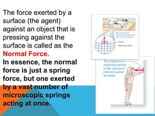 The force exerted by a
surface (the agent)
against an object that is
pressing against the
surface is called as the
Normal Force.
In essence, the normal
force is just a spring
force, but one exerted
by a vast number of
microscopic springs
acting at once.
 
