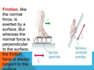 Friction, like
the normal
force, is
exerted by a
surface. But
whereas the
normal force is
perpendicular
to the surface,
the friction
force is always
tangent to the
 