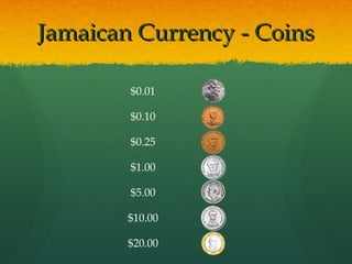 Jamaican Currency - Coins

        $0.01

        $0.10

        $0.25

        $1.00

        $5.00

        $10.00

        $20.00
 
