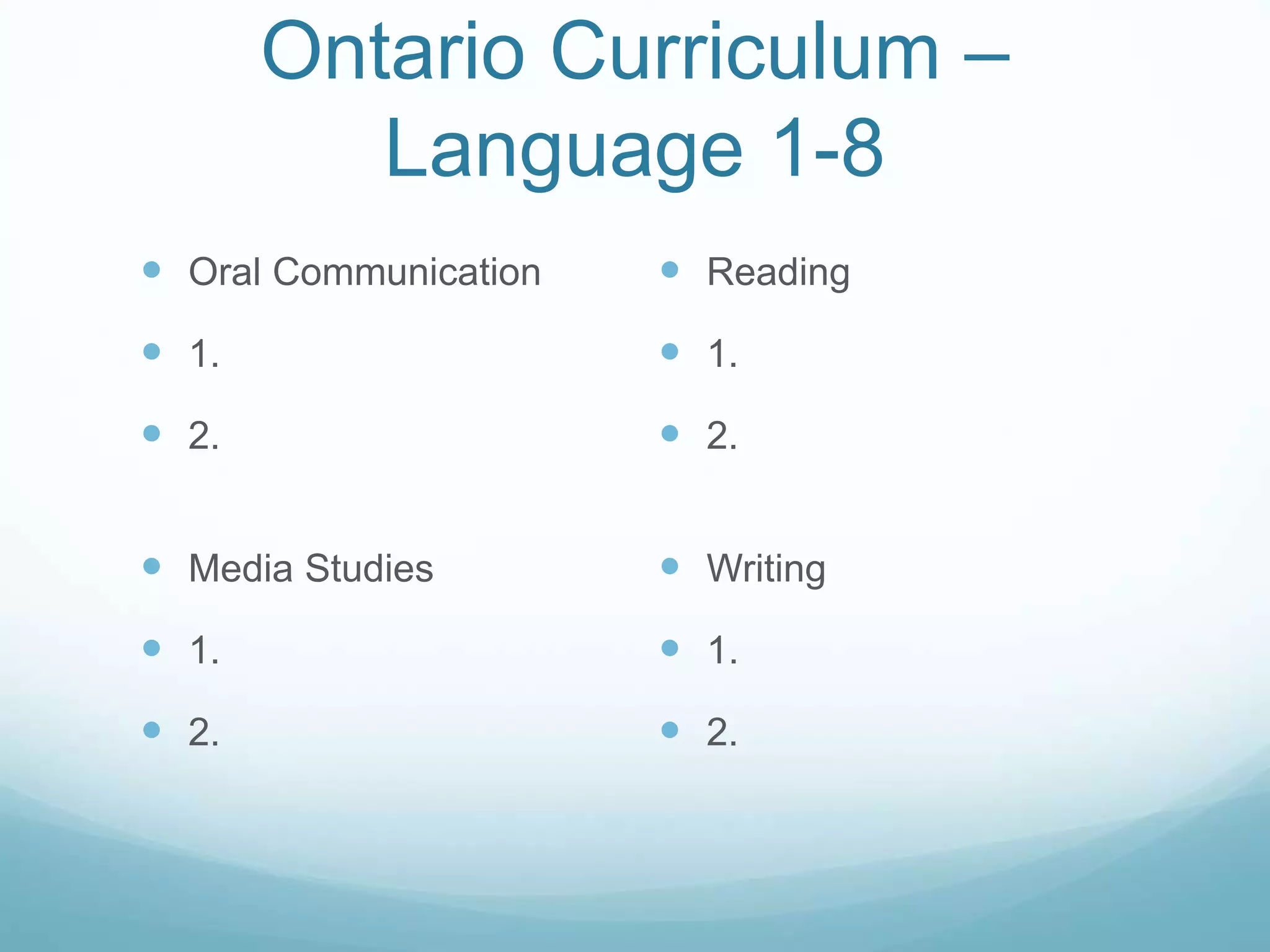 Ontario Curriculum –
Language 1-8
 Oral Communication
 1.
 2.
 Media Studies
 1.
 2.
 Reading
 1.
 2.
 Writing
 1.
 2.
 
