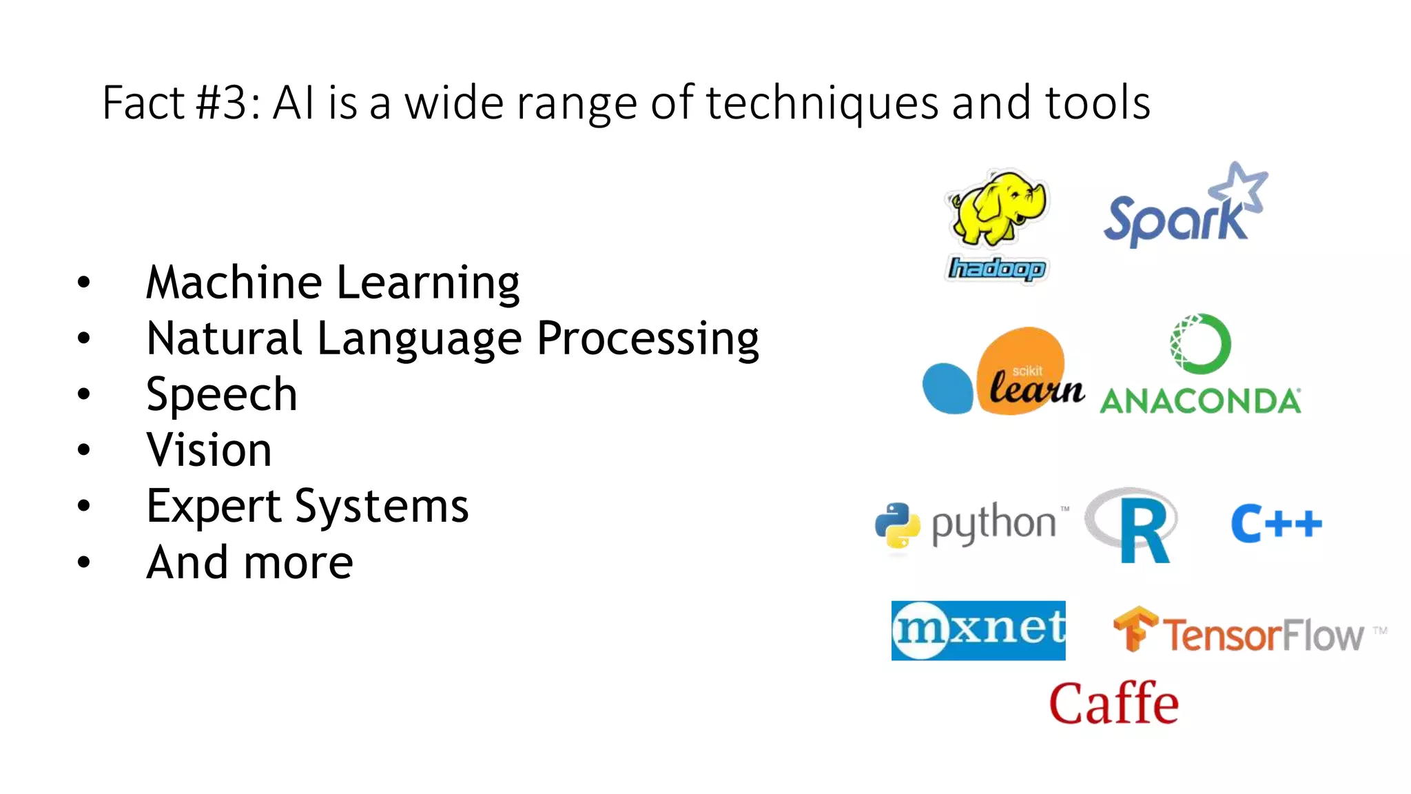 Fact #3: AI is a wide range of techniques and tools
• Machine Learning
• Natural Language Processing
• Speech
• Vision
• Expert Systems
• And more
 