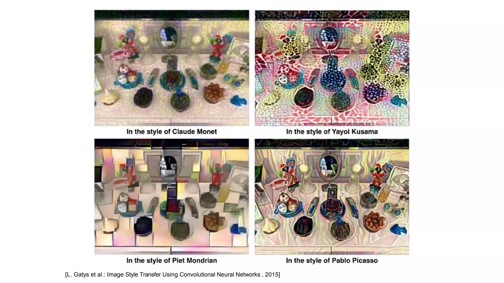 [L. Gatys et al.: Image Style Transfer Using Convolutional Neural Networks , 2015]
 