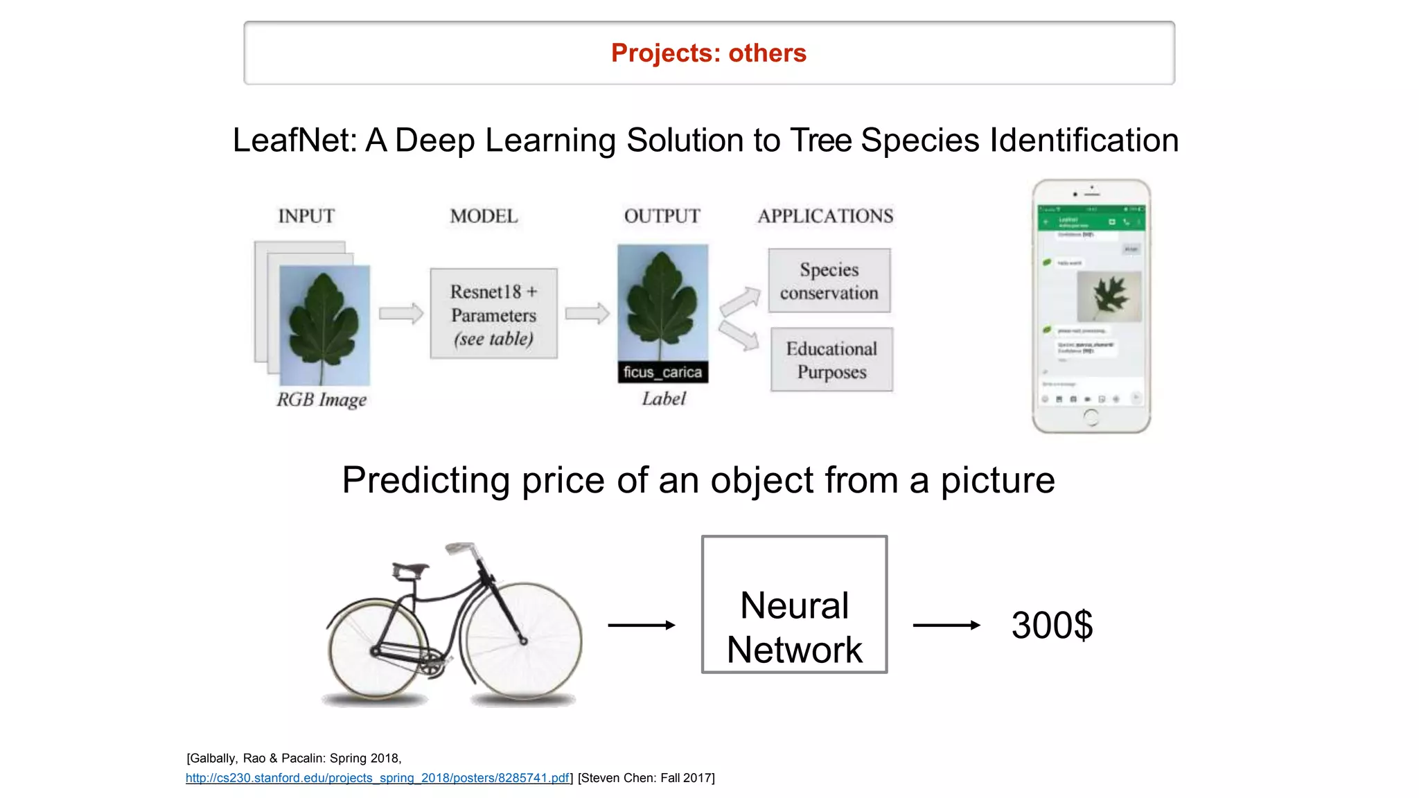 Projects: others
LeafNet: A Deep Learning Solution to Tree Species Identification
[Galbally, Rao & Pacalin: Spring 2018,
http://cs230.stanford.edu/projects_spring_2018/posters/8285741.pdf] [Steven Chen: Fall 2017]
Predicting price of an object from a picture
Neural
Network
300$
 