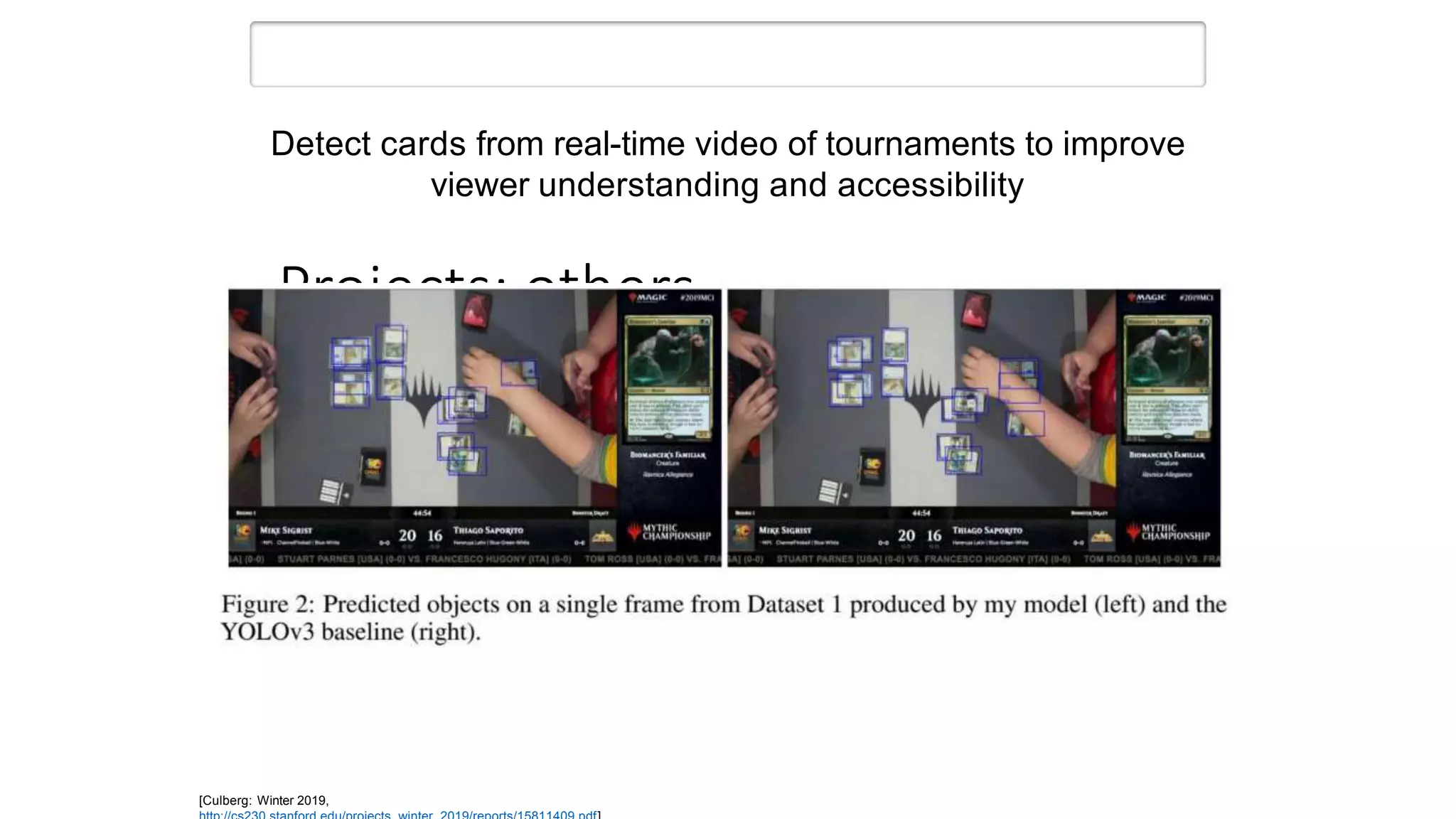 Projects: others
[Culberg: Winter 2019,
Detect cards from real-time video of tournaments to improve
viewer understanding and accessibility
 