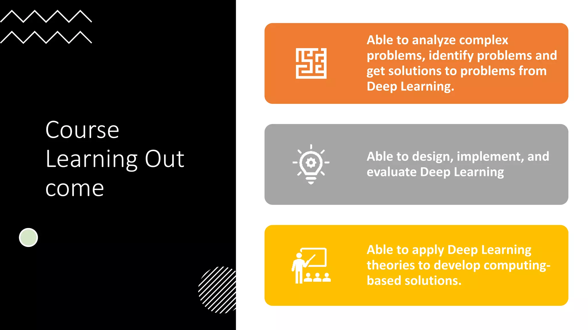 Course
Learning Out
come
Able to analyze complex
problems, identify problems and
get solutions to problems from
Deep Learning.
Able to design, implement, and
evaluate Deep Learning
Able to apply Deep Learning
theories to develop computing-
based solutions.
 