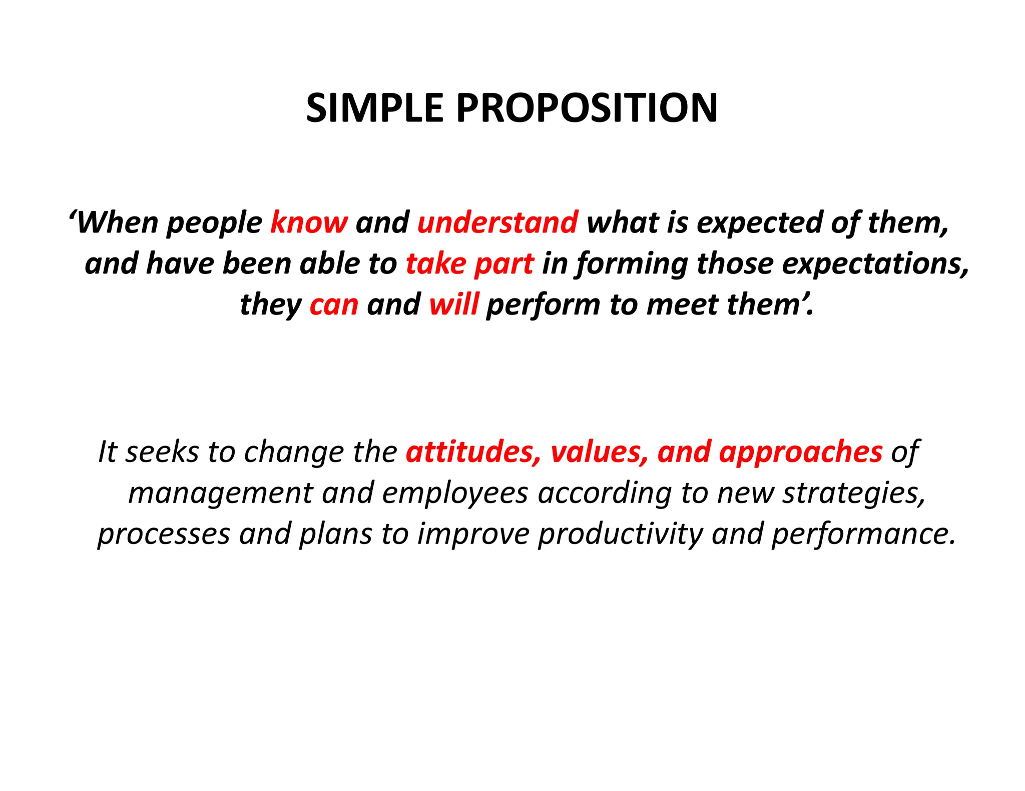 SIMPLE PROPOSITION
‘When people know and understand what is expected of them,
and have been able to take part in forming those expectations,
they can and will perform to meet them’.
It seeks to change the attitudes, values, and approaches of
management and employees according to new strategies,
processes and plans to improve productivity and performance.
 