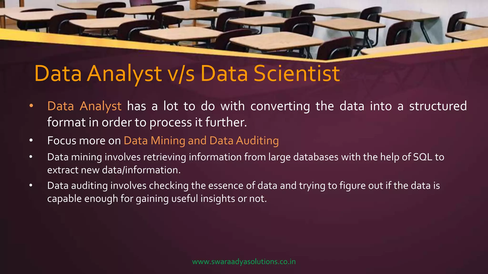 Data Analyst v/s Data Scientist
• Data Analyst has a lot to do with converting the data into a structured
format in order to process it further.
• Focus more on Data Mining and Data Auditing
• Data mining involves retrieving information from large databases with the help of SQL to
extract new data/information.
• Data auditing involves checking the essence of data and trying to figure out if the data is
capable enough for gaining useful insights or not.
www.swaraadyasolutions.co.in
 
