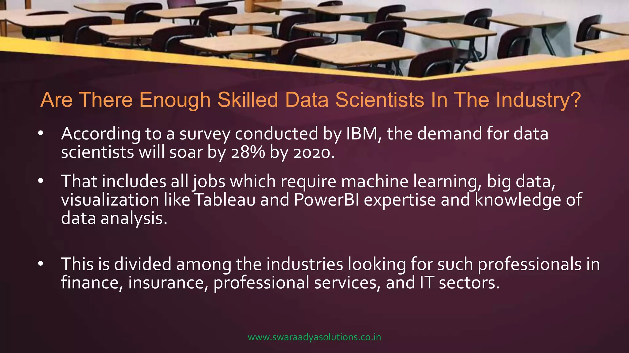 Are There Enough Skilled Data Scientists In The Industry?
• According to a survey conducted by IBM, the demand for data
scientists will soar by 28% by 2020.
• That includes all jobs which require machine learning, big data,
visualization likeTableau and PowerBI expertise and knowledge of
data analysis.
• This is divided among the industries looking for such professionals in
finance, insurance, professional services, and IT sectors.
www.swaraadyasolutions.co.in
 