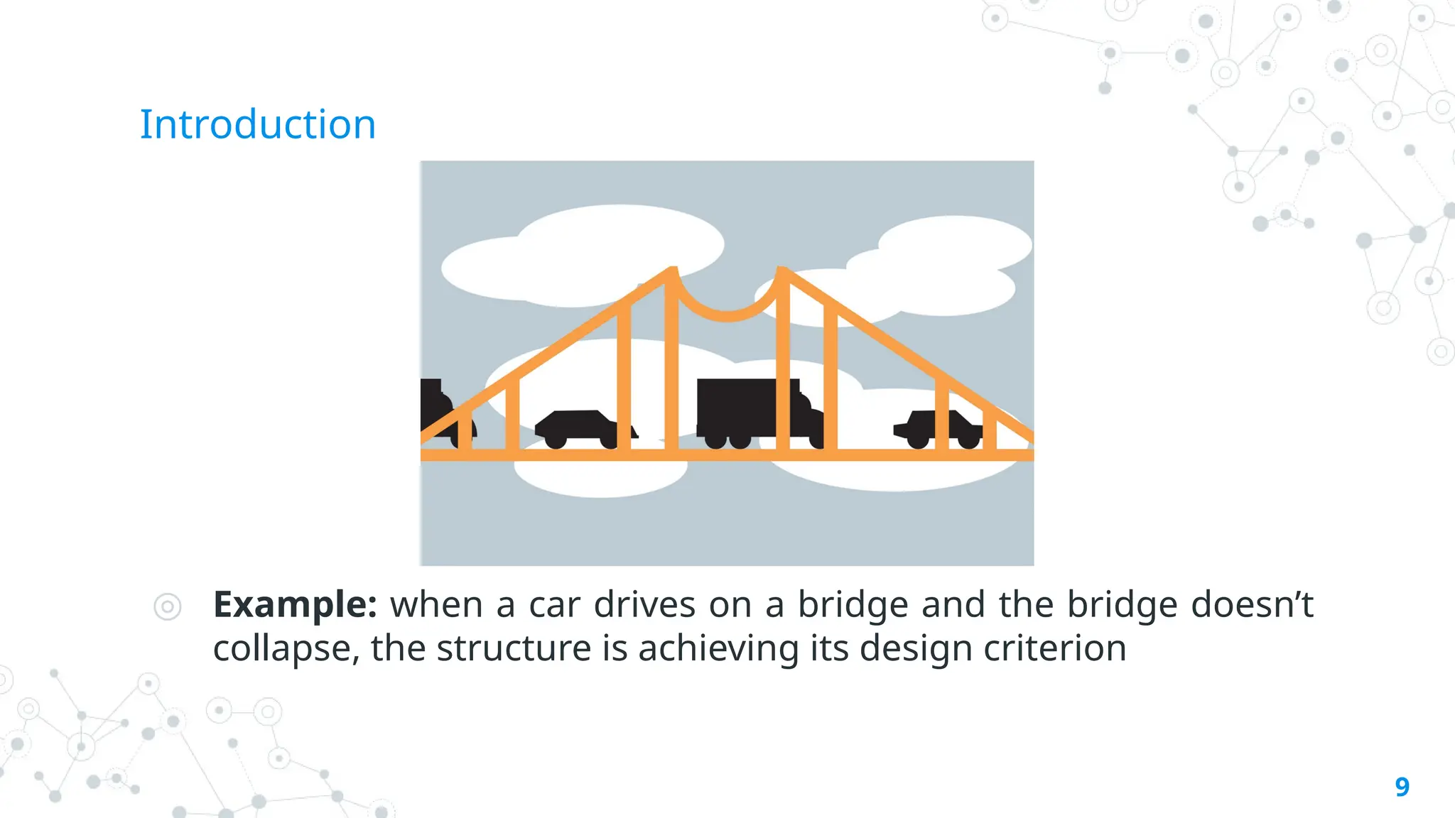 Introduction
◎ Example: when a car drives on a bridge and the bridge doesn’t
collapse, the structure is achieving its design criterion
9
 