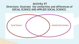 Activity #1
Directions: Illustrate the similarities and differences of
SOCIAL SCIENCE AND APPLIED SOCIAL SCIENCE.
 