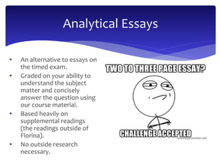 • An alternative to essays on 
the timed exam. 
• Graded on your ability to 
understand the subject 
matter and concisely 
answer the question using 
our course material. 
• Based heavily on 
supplemental readings 
(the readings outside of 
Fiorina). 
• No outside research 
necessary. 
Analytical Essays 
 