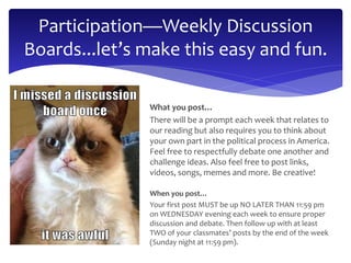 Participation—Weekly Discussion 
Boards...let’s make this easy and fun. 
What you post… 
There will be a prompt each week that relates to 
our reading but also requires you to think about 
your own part in the political process in America. 
Feel free to respectfully debate one another and 
challenge ideas. Also feel free to post links, 
videos, songs, memes and more. Be creative! 
When you post… 
Your first post MUST be up NO LATER THAN 11:59 pm 
on WEDNESDAY evening each week to ensure proper 
discussion and debate. Then follow up with at least 
TWO of your classmates’ posts by the end of the week 
(Sunday night at 11:59 pm). 
 