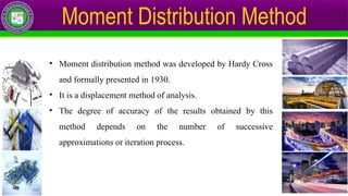 Moment Distribution Method
• Moment distribution method was developed by Hardy Cross
and formally presented in 1930.
• It is a displacement method of analysis.
• The degree of accuracy of the results obtained by this
method depends on the number of successive
approximations or iteration process.
 