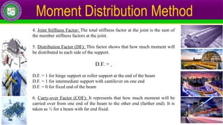 Moment Distribution Method
4. Joint Stiffness Factor: The total stiffness factor at the joint is the sum of
the member stiffness factors at the joint.
5. Distribution Factor (DF): This factor shows that how much moment will
be distributed to each side of the support.
D.F. =
D.F. = 1 for hinge support or roller support at the end of the beam
D.F. = 1 for intermediate support with cantilever on one end
D.F. = 0 for fixed end of the beam
6. Carry-over Factor (COF): It represents that how much moment will be
carried over from one end of the beam to the other end (farther end). It is
taken as ½ for a beam with far end fixed.
 