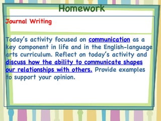 Homework Journal Writing Today’s activity focused on  communication  as a key component in life and in the English-language arts curriculum. Reflect on today’s activity and  discuss how the ability to communicate shapes our relationships with others.  Provide examples to support your opinion. 