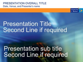 PRESENTATION OVERALL TITLE Date, Venue, and Presenter’s name Presentation Title Second Line if required Presentation sub title Second Line if required 