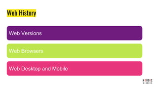 Web History
Web Versions
Web Browsers
Web Desktop and Mobile
 