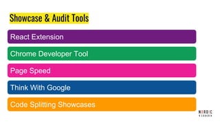 Showcase & Audit Tools
React Extension
Chrome Developer Tool
Page Speed
Think With Google
Code Splitting Showcases
 