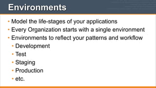 Environments
• Model the life-stages of your applications
• Every Organization starts with a single environment
• Environments to reflect your patterns and workflow
• Development
• Test
• Staging
• Production
• etc.

 