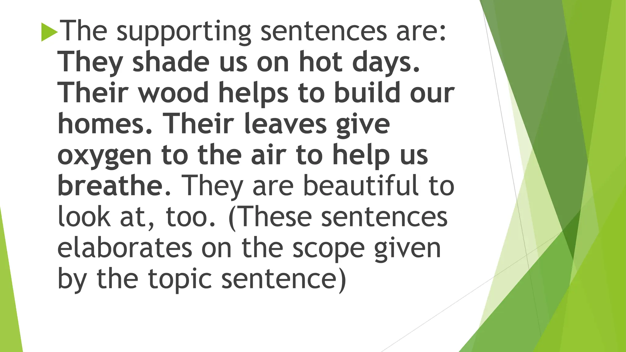 The supporting sentences are:
They shade us on hot days.
Their wood helps to build our
homes. Their leaves give
oxygen to the air to help us
breathe. They are beautiful to
look at, too. (These sentences
elaborates on the scope given
by the topic sentence)
 