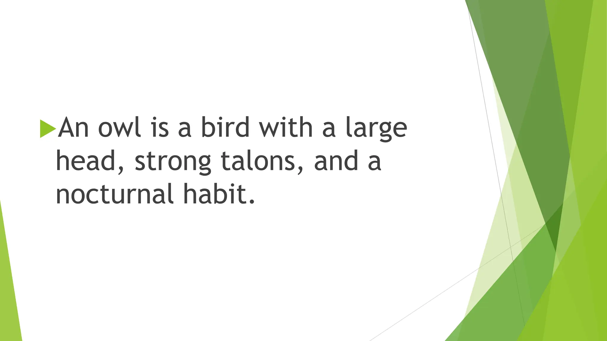 An owl is a bird with a large
head, strong talons, and a
nocturnal habit.
 