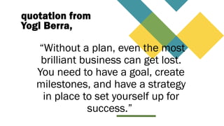 quotation from
Yogi Berra,
“Without a plan, even the most
brilliant business can get lost.
You need to have a goal, create
milestones, and have a strategy
in place to set yourself up for
success.”
 