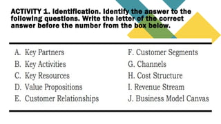 ACTIVITY 1. Identification. Identify the answer to the
following questions. Write the letter of the correct
answer before the number from the box below.
 