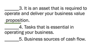 ______3. It is an asset that is required to
operate and deliver your business value
proposition.
______4. Tasks that is essential in
operating your business.
______5. Business sources of cash flow.
 