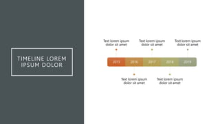 TIMELINE LOREM
IPSUM DOLOR
2015
Text lorem ipsum
dolor sit amet
2016
Text lorem ipsum
dolor sit amet
2017
Text lorem ipsum
dolor sit amet
2018
Text lorem ipsum
dolor sit amet
2019
Text lorem ipsum
dolor sit amet
 