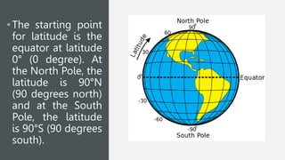 • The starting point
for latitude is the
equator at latitude
0° (0 degree). At
the North Pole, the
latitude is 90°N
(90 degrees north)
and at the South
Pole, the latitude
is 90°S (90 degrees
south).
 