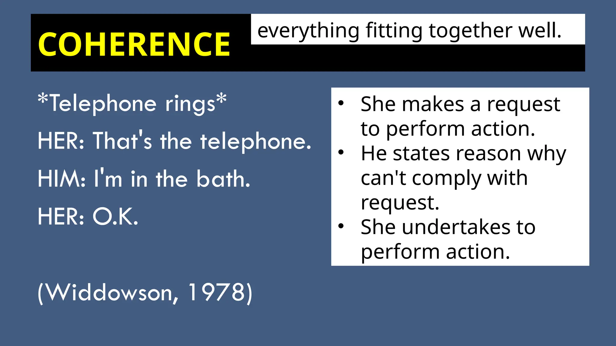 COHERENCE
*Telephone rings*
HER: That's the telephone.
HIM: I'm in the bath.
HER: O.K.
(Widdowson, 1978)
• She makes a request
to perform action.
• He states reason why
can't comply with
request.
• She undertakes to
perform action.
everything fitting together well.
 