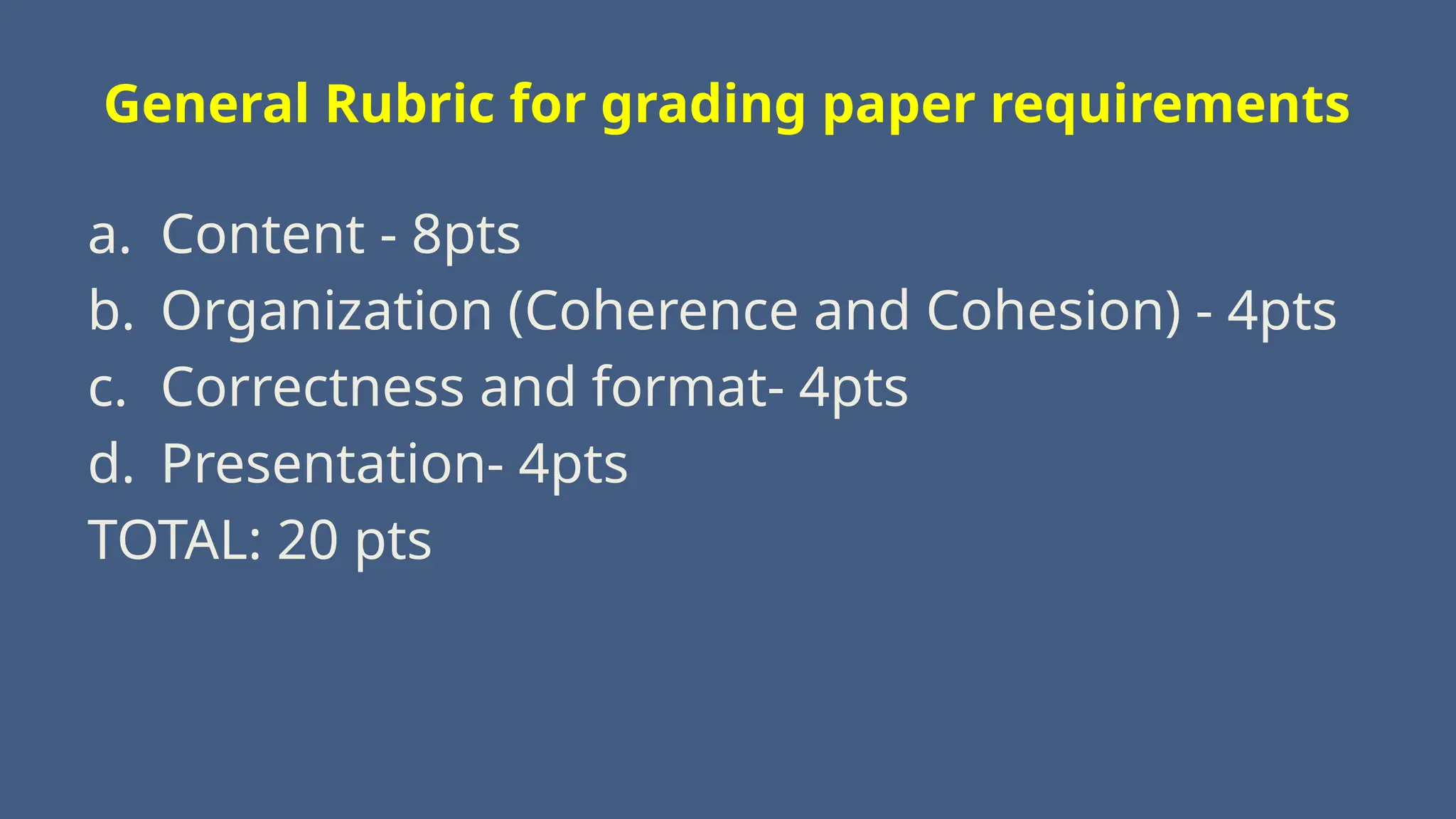 General Rubric for grading paper requirements
a. Content - 8pts
b. Organization (Coherence and Cohesion) - 4pts
c. Correctness and format- 4pts
d. Presentation- 4pts
TOTAL: 20 pts
 