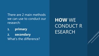 There are 2 main methods
we can use to conduct our
research:
1. primary
2. secondary
What’s the difference?
HOW WE
CONDUCT R
ESEARCH
 