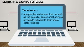 LEARNING COMPETENCIES:
The learners.....
 analyze the various sectors, as well
as the potential career and business
prospects relevant to their future
career choices.
💻 💻
 